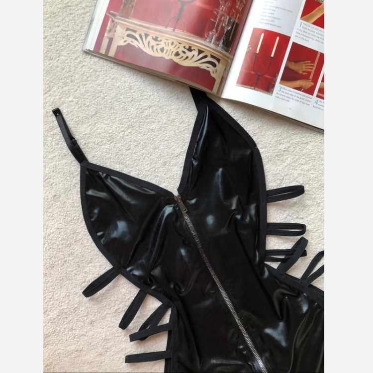 لباس خواب پیراهنی زیپ دار چرم دیسکویی مشکی با طراحی خاص فانتزی